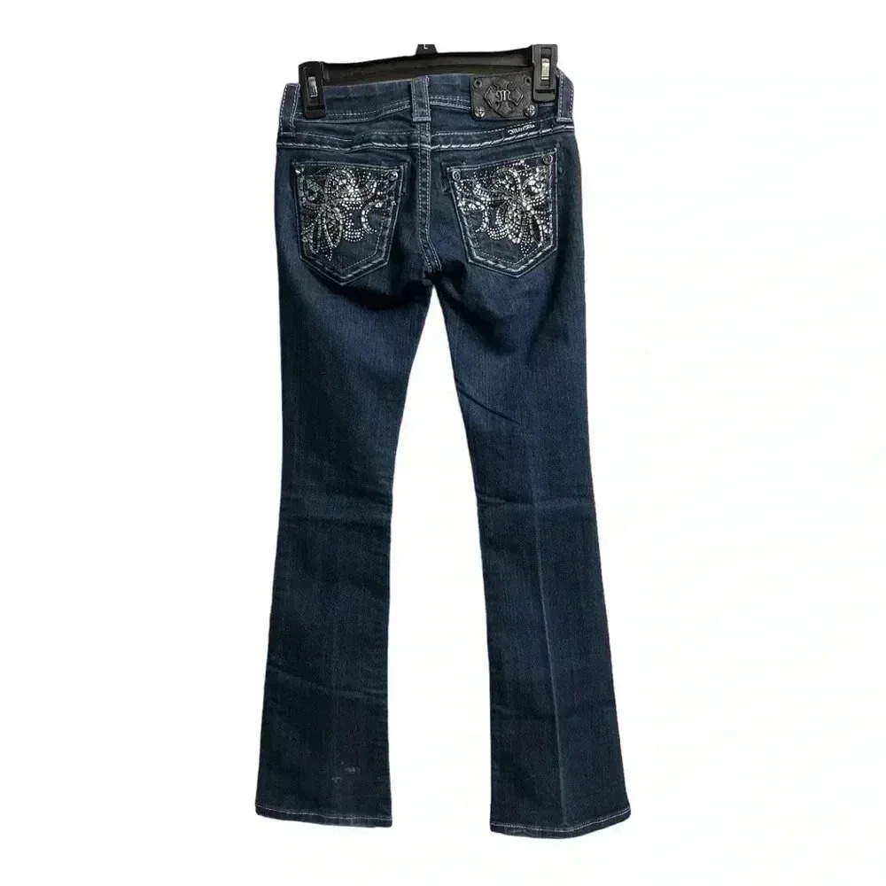 Miss Me Dark Blue Embroidered Pocket Boot Cut Jeans